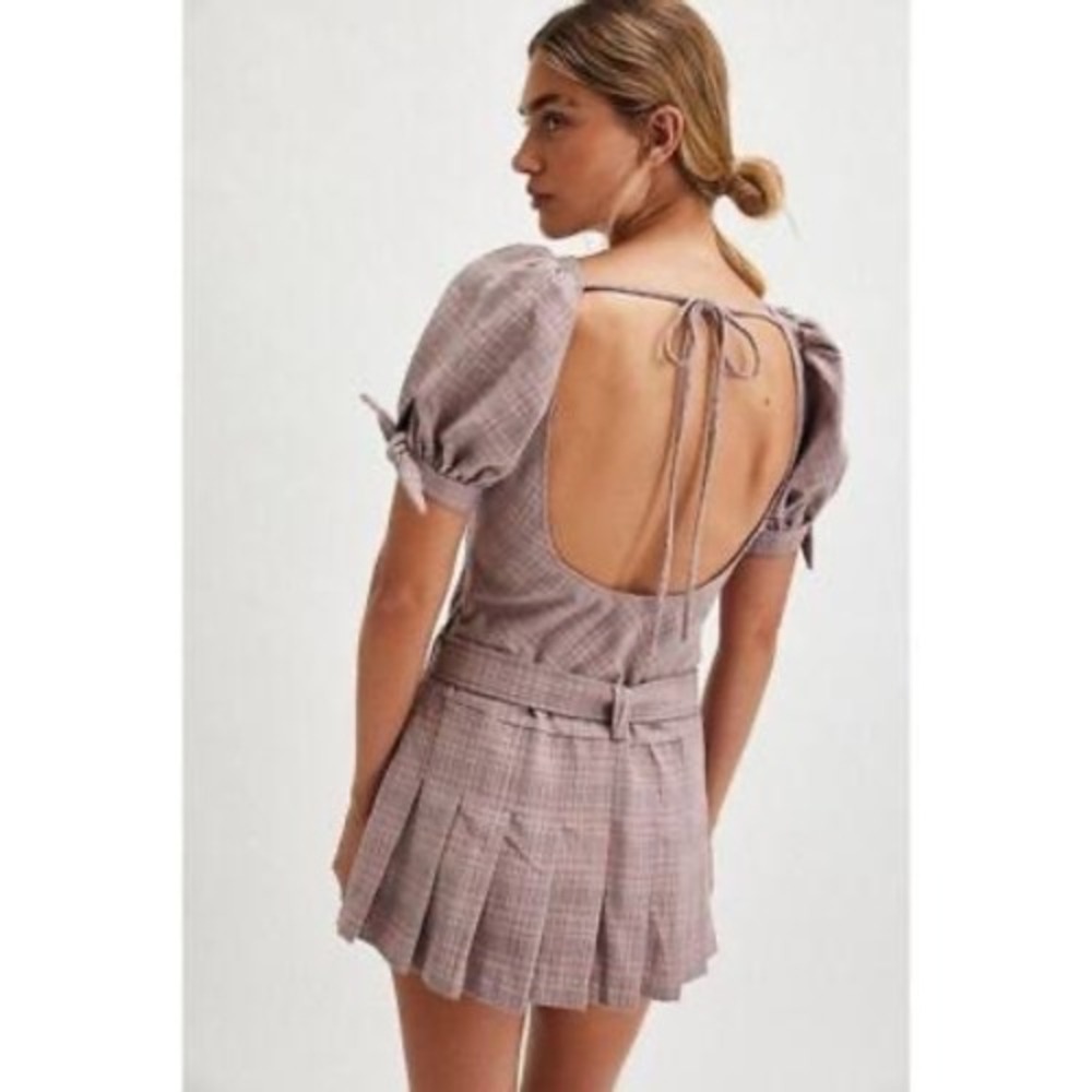 Free People Mauve Plaid Puff Sleeve Open Back Pleated Mini Dress with Belt XS - Picture 3 of 11